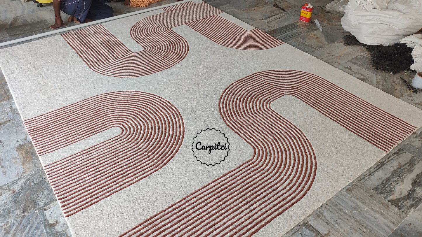 Modern Geometric Line Tufted Rug – Cream & Terracotta Abstract Curve Carpet