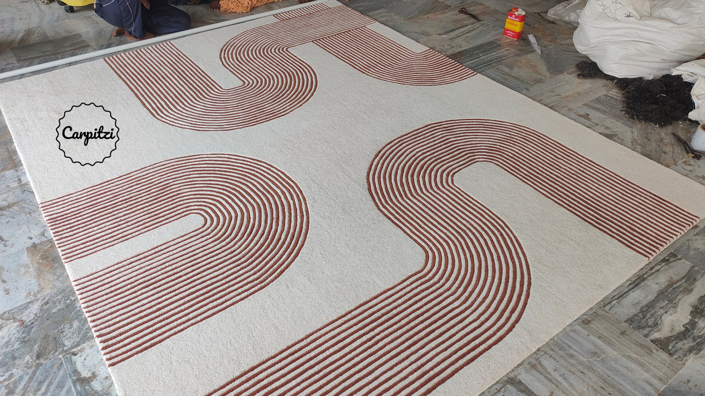 Modern Geometric Line Tufted Rug – Cream & Terracotta Abstract Curve Carpet