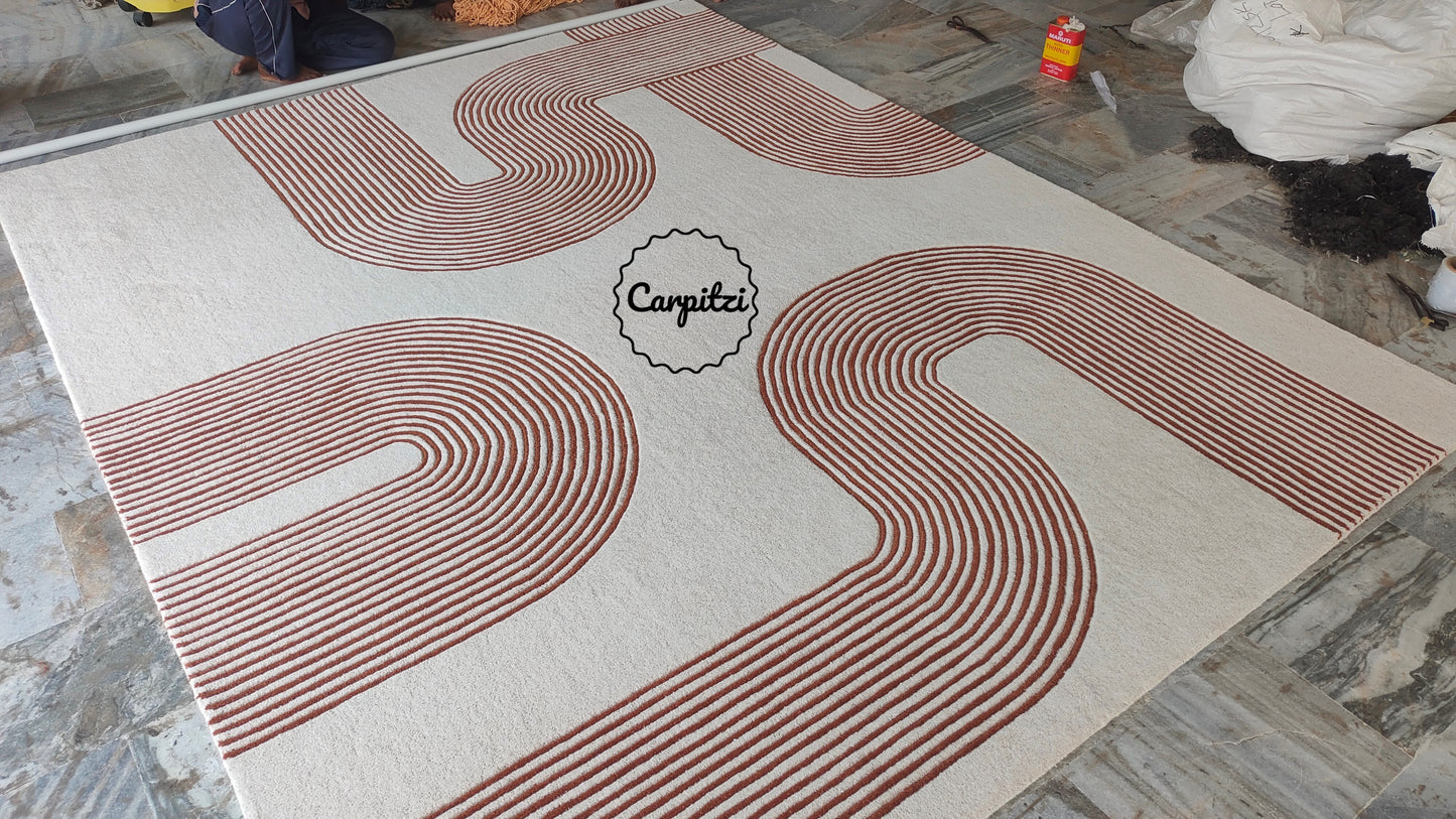 Modern Geometric Line Tufted Rug – Cream & Terracotta Abstract Curve Carpet