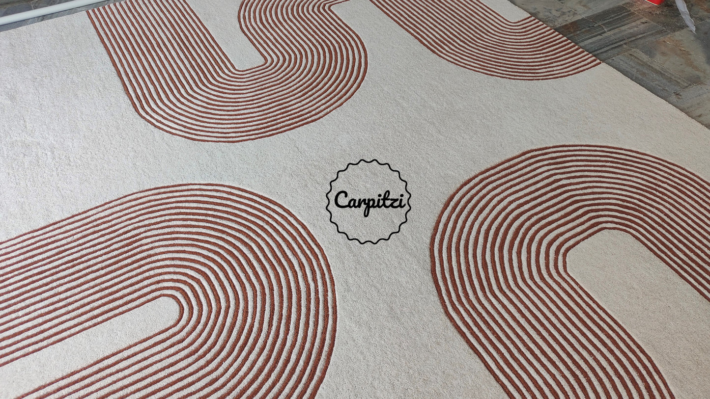 Modern Geometric Line Tufted Rug – Cream & Terracotta Abstract Curve Carpet
