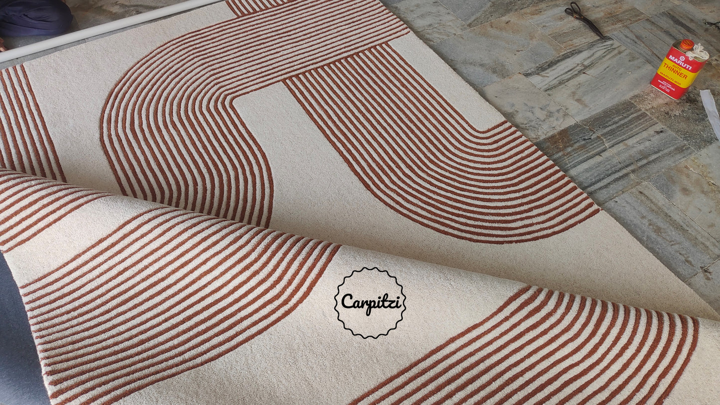 Modern Geometric Line Tufted Rug – Cream & Terracotta Abstract Curve Carpet