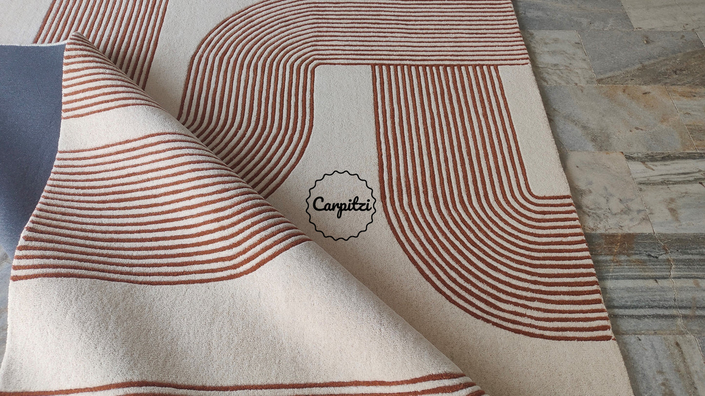 Modern Geometric Line Tufted Rug – Cream & Terracotta Abstract Curve Carpet Carpitzi