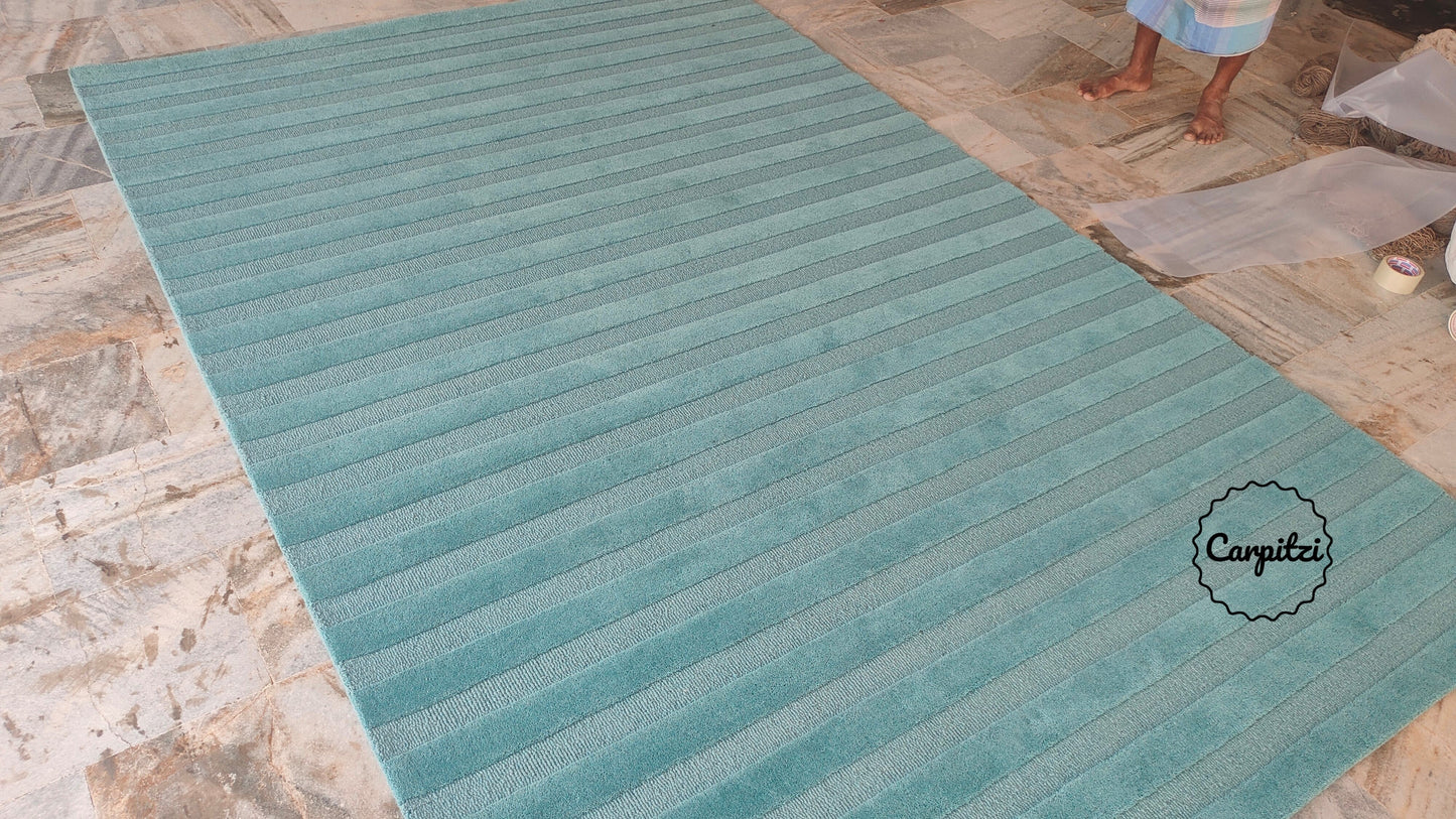 Blue Plush Nordic Tufted Rug – Minimalist Modern Striped Area Carpet, Carpitzi