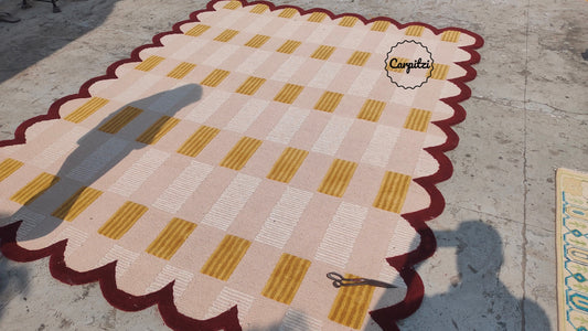 Modern Pink Red Plaid Tufted Rug with Scalloped Border Carpitzi