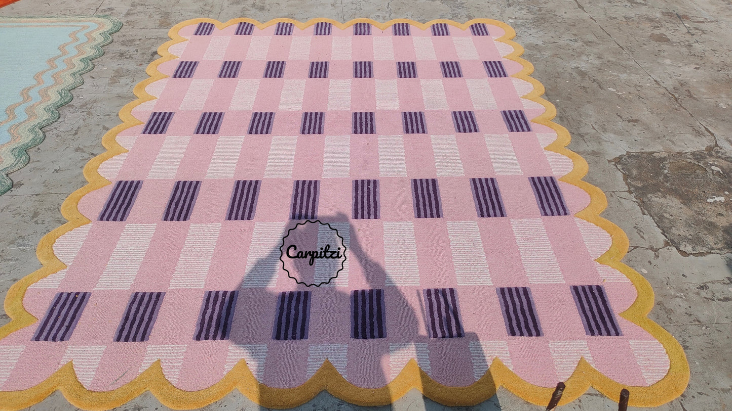 Pink Plaid Rug with Scalloped Edges | Handmade Wool Area Rug
