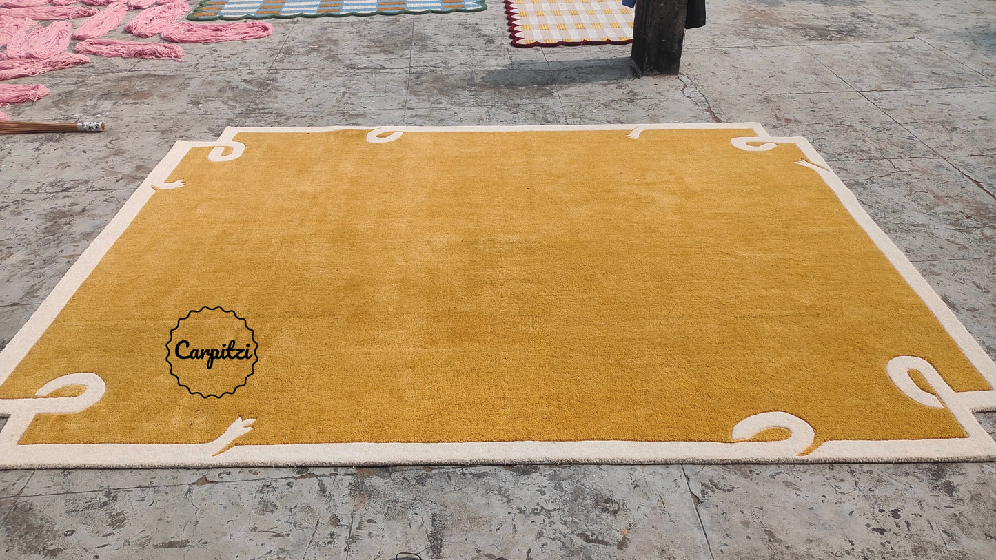Mustard Loop Border Rug | Handmade Wool Area Rug Carpitzi