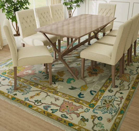 Thunder Gray Bloom Oushak Rug 8x10 | Hand-Knotted Turkish Rug | Mustard Gold, Teal & Ocean Blue Accents | Colorful Area Rug 9x12 Carpitzi