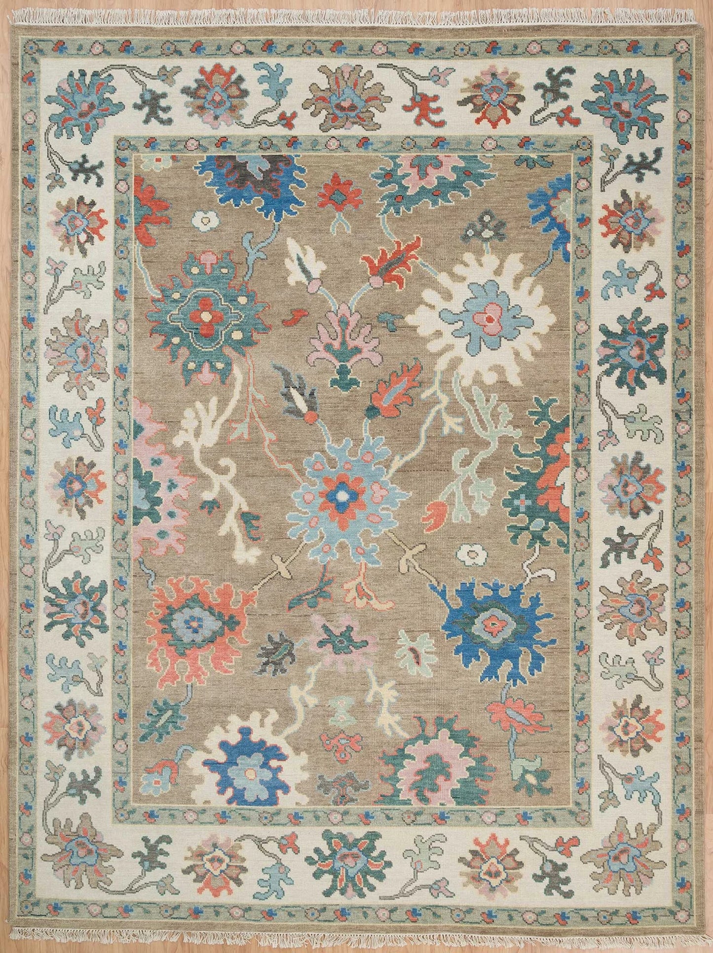 Neutral Oushak Rug – Beige & Ivory Wool Area Rug | Handknotted Turkish Rug 8x10 / 9x12 for Modern Bedroom or Living Room