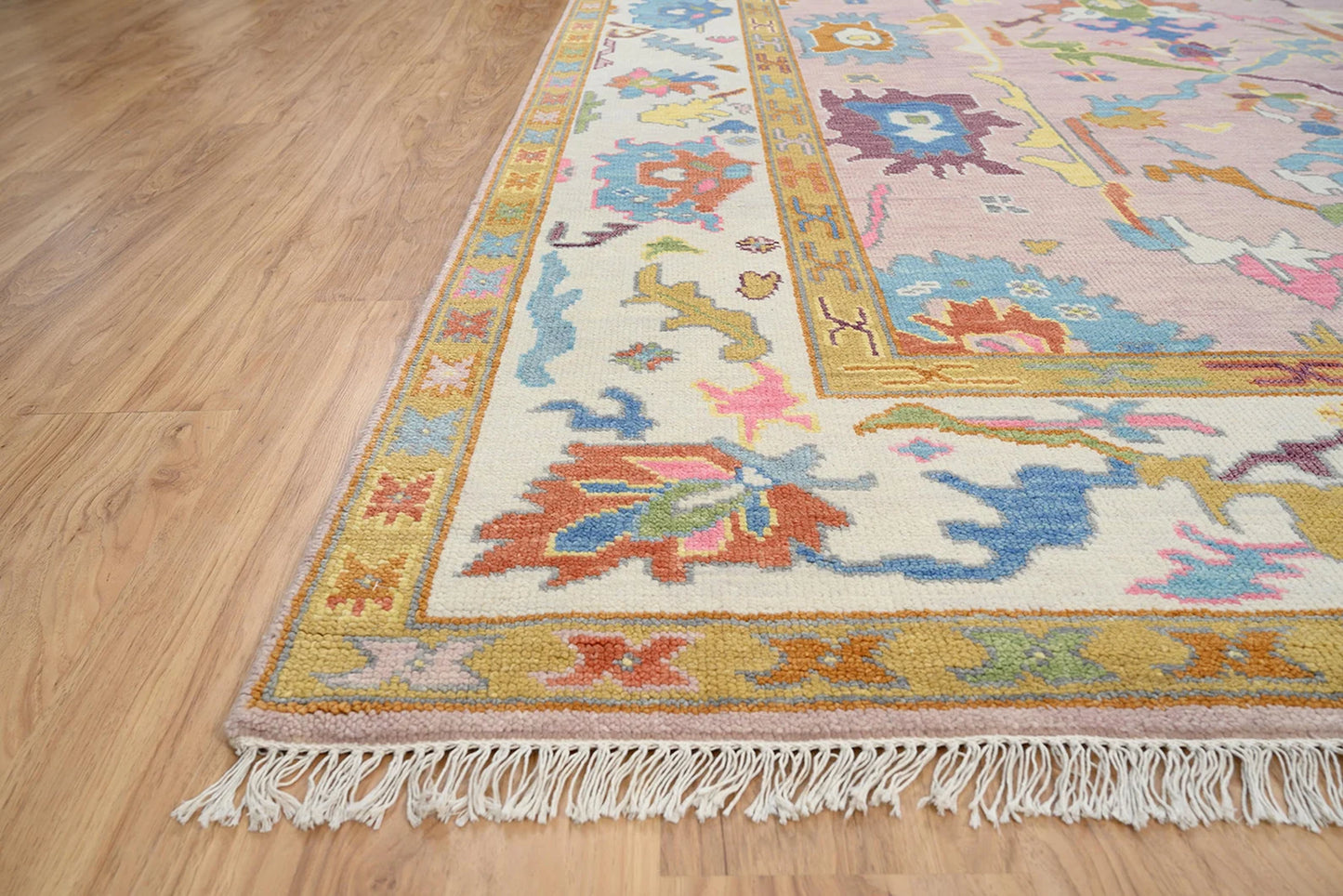 Modern Multicolor Pink Oushak Rug – Handmade Turkish Wool Rug (8x10, 9x12) for Bedroom or Living Room