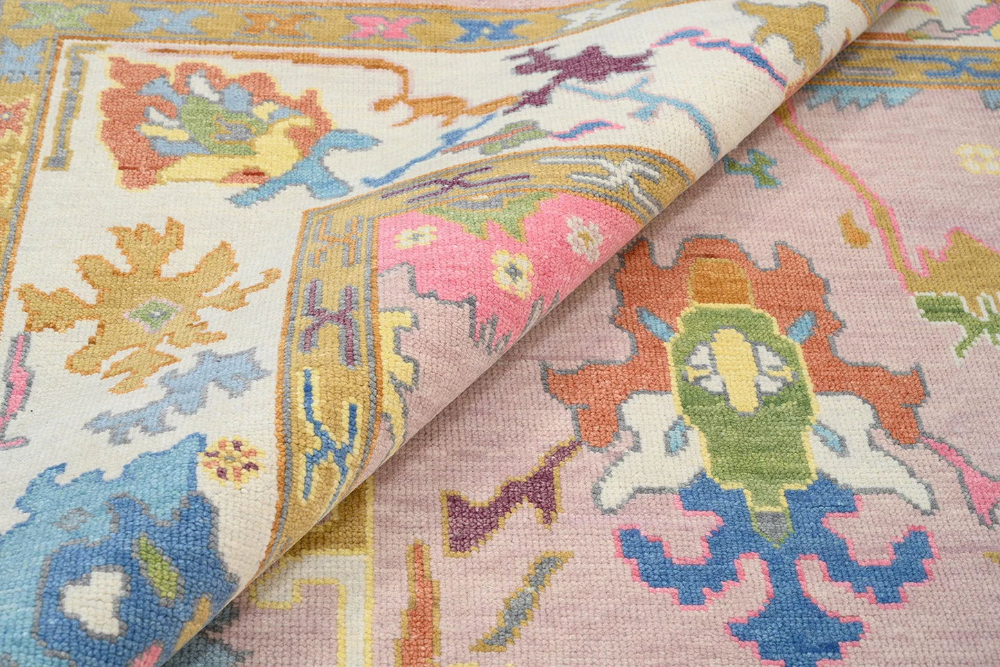 Modern Multicolor Pink Oushak Rug – Handmade Turkish Wool Rug (8x10, 9x12) for Bedroom or Living Room