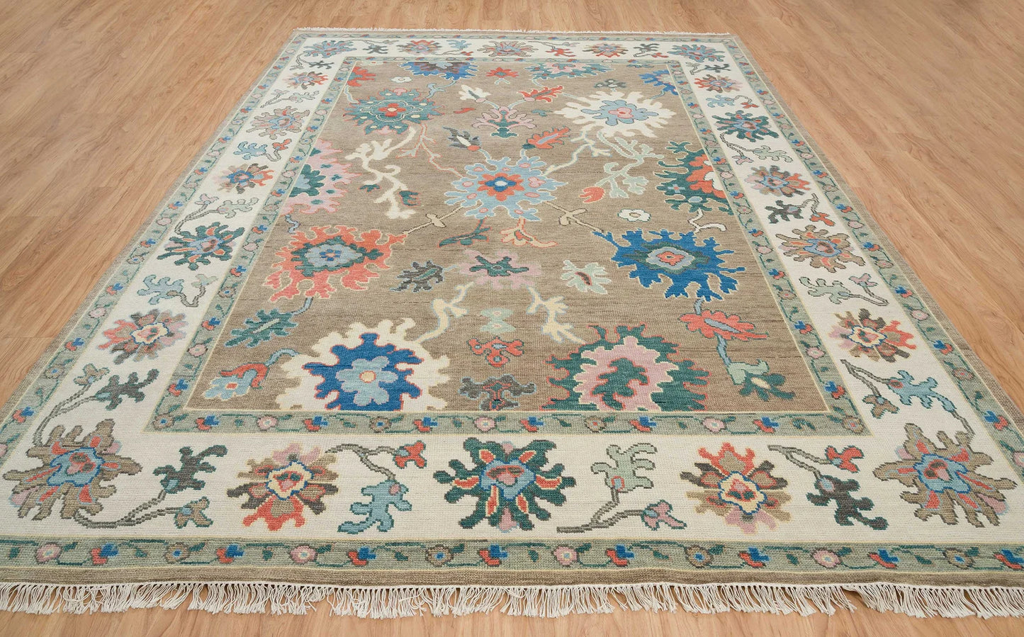 Neutral Oushak Rug – Beige & Ivory Wool Area Rug | Handknotted Turkish Rug 8x10 / 9x12 for Modern Bedroom or Living Room