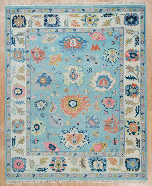 Oushak Rug – Light Blue Wool Area Rug 8x10 or 9x12 | Ivory, Pink, Green, Navy | Handknotted Turkish Carpet