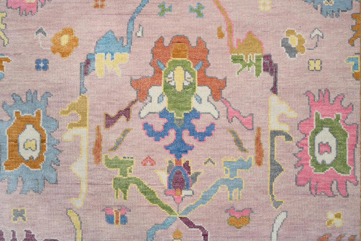 Modern Multicolor Pink Oushak Rug – Handmade Turkish Wool Rug (8x10, 9x12) for Bedroom or Living Room