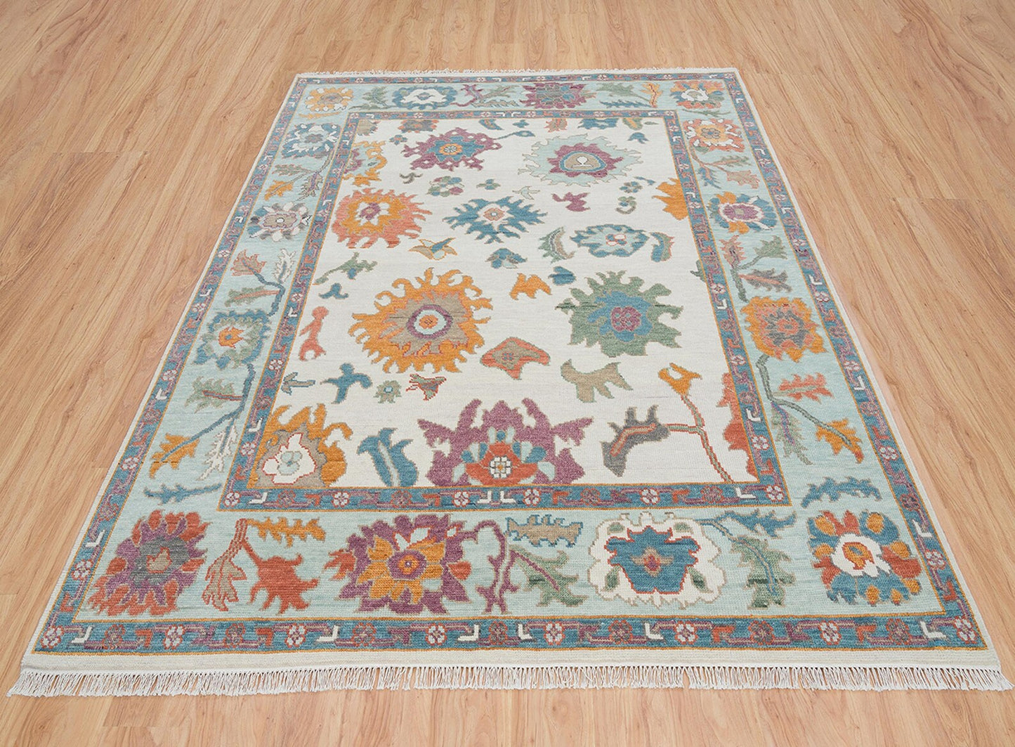 Modern Ivory Oushak Rug – Mint Green Border Wool Rug | Abstract Turkish Area Rug 8x10 / 9x12 for Living Room or Bedroom
