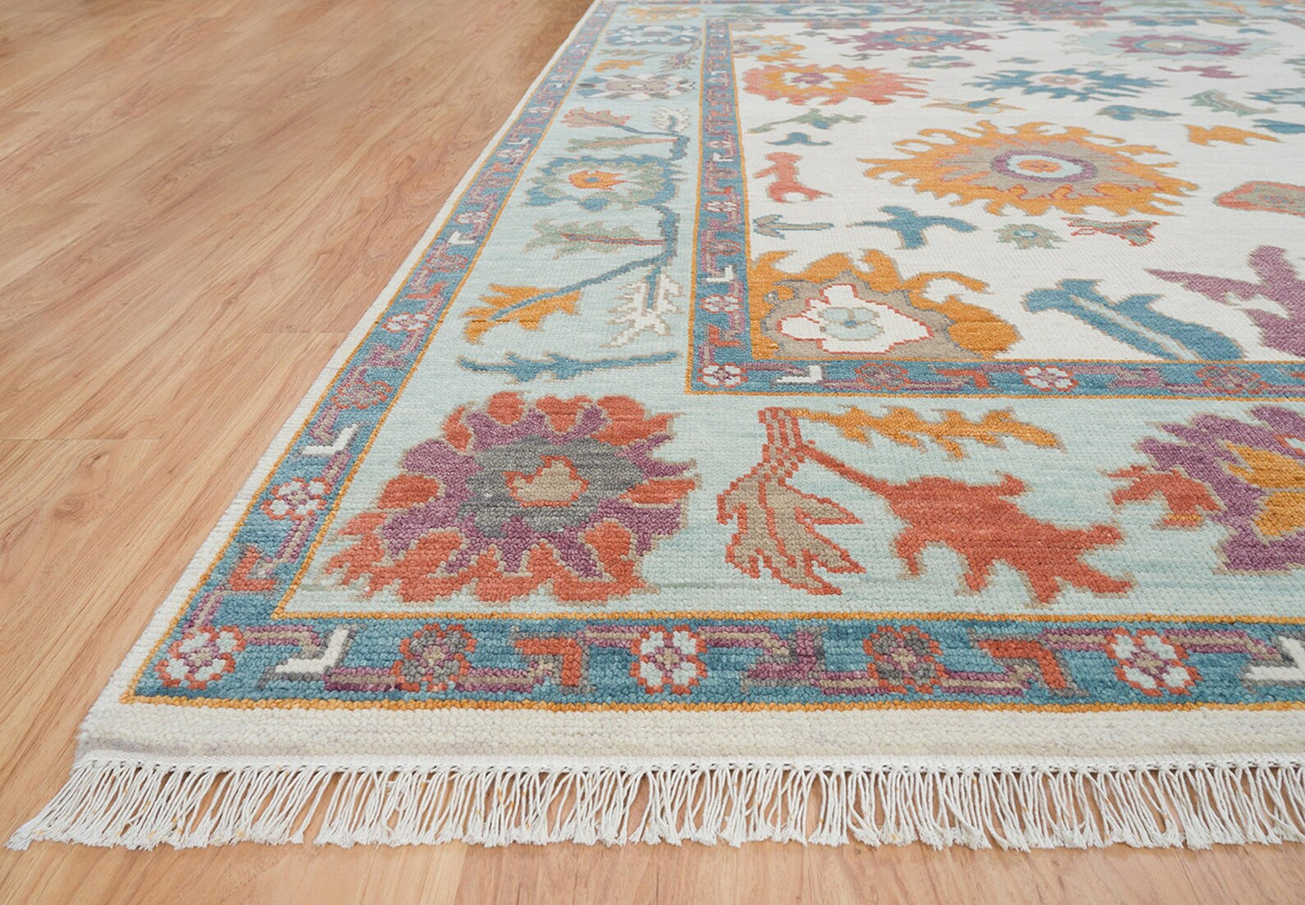 Modern Ivory Oushak Rug – Mint Green Border Wool Rug | Abstract Turkish Area Rug 8x10 / 9x12 for Living Room or Bedroom