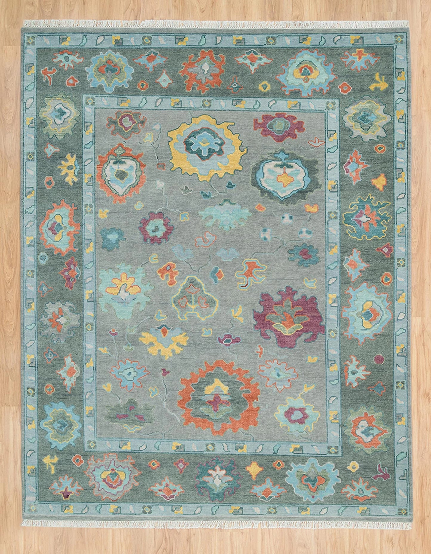 Modern Oushak Rug – Gray Green Wool | Colorful Abstract Turkish Area Rug
