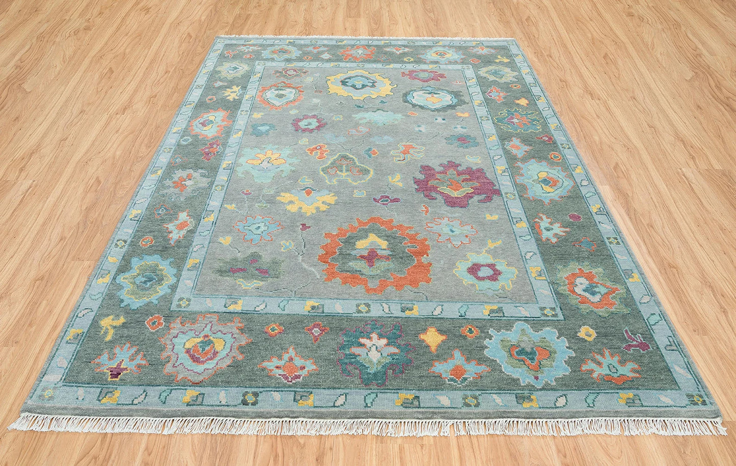 Modern Oushak Rug – Gray Green Wool | Colorful Abstract Turkish Area Rug