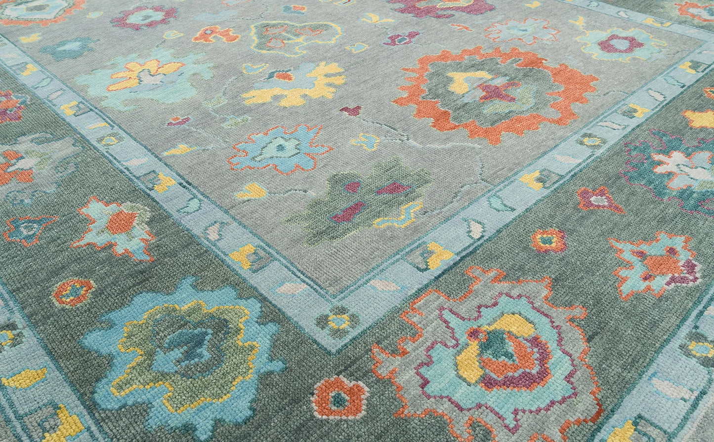 Modern Oushak Rug – Gray Green Wool | Colorful Abstract Turkish Area Rug