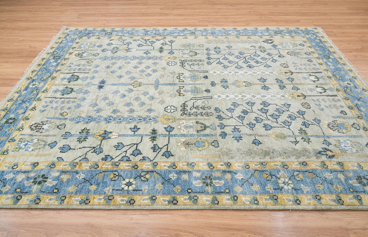Handmade Persian Rug – Yellow Blue Floral Wool Area Rug 8x10 | Cream, Gold, Green & Ivory for Living Room