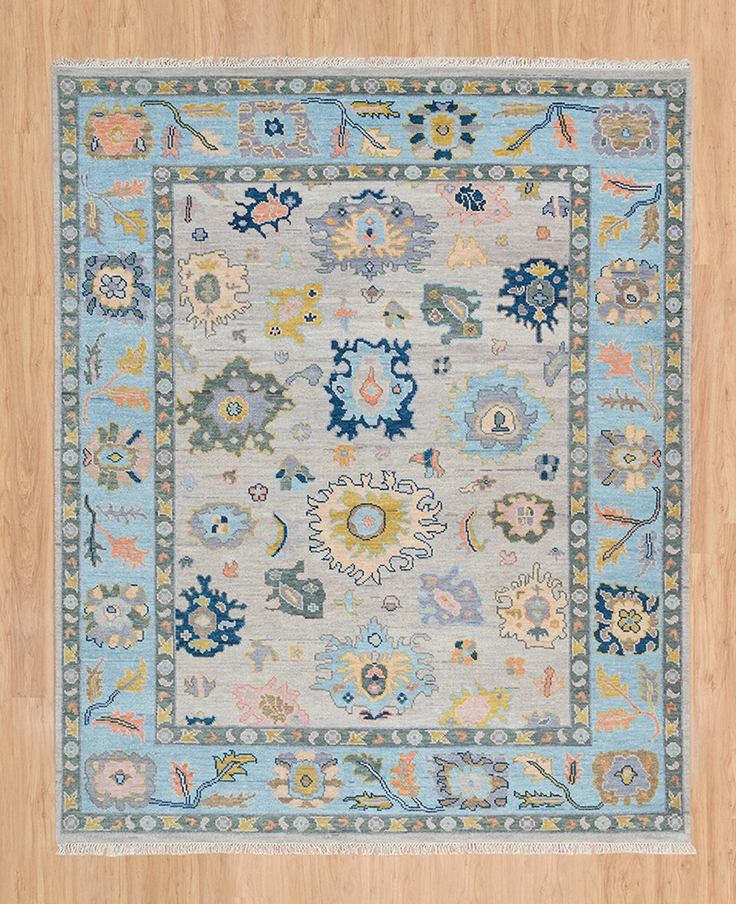 Gray & Blue Oushak Rug – Handmade Wool Area Rug with Gold, Pink & Navy Accents | Colorful Turkish Rug for Modern Living Room