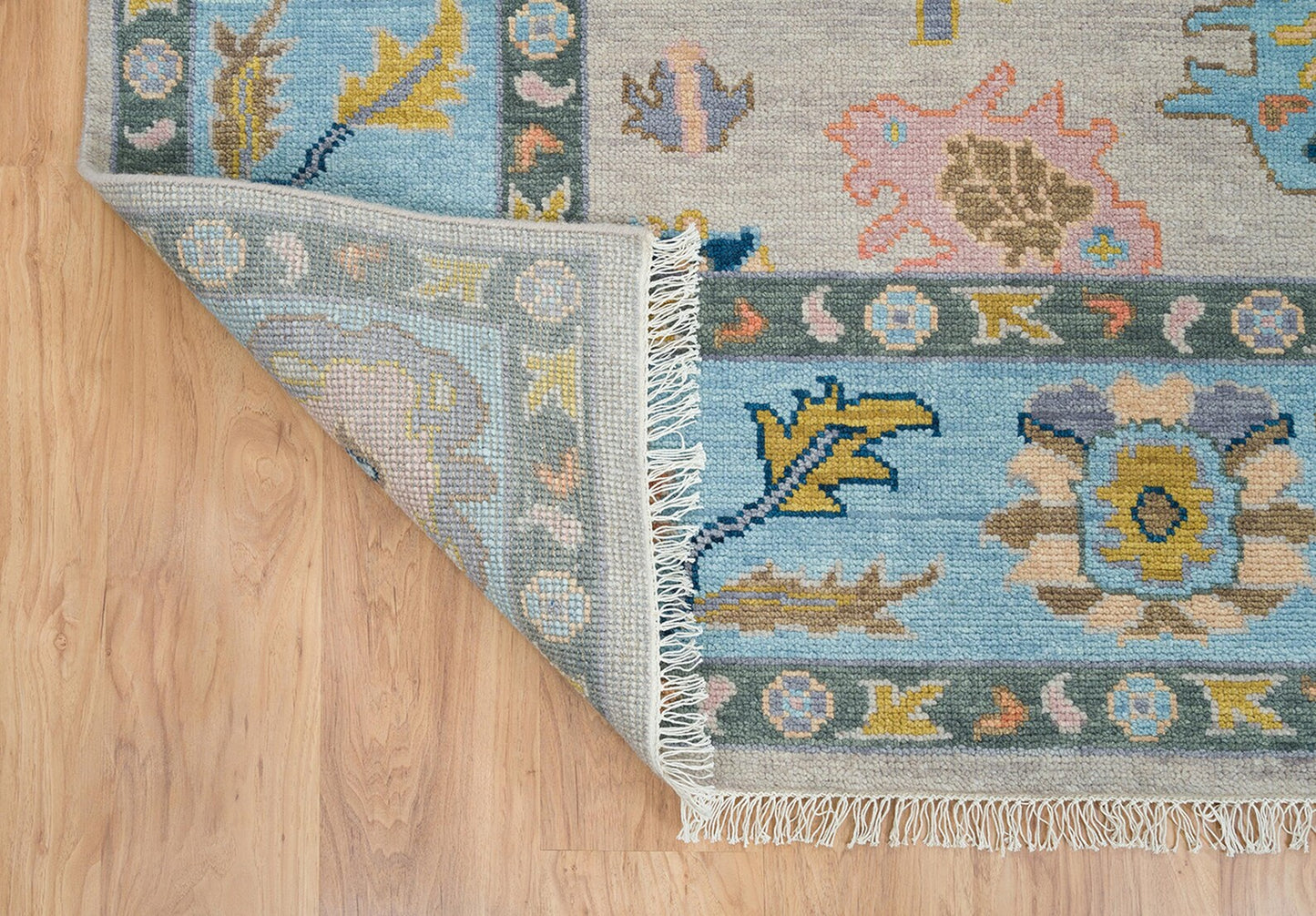 Gray & Blue Oushak Rug – Handmade Wool Area Rug with Gold, Pink & Navy Accents | Colorful Turkish Rug for Modern Living Room