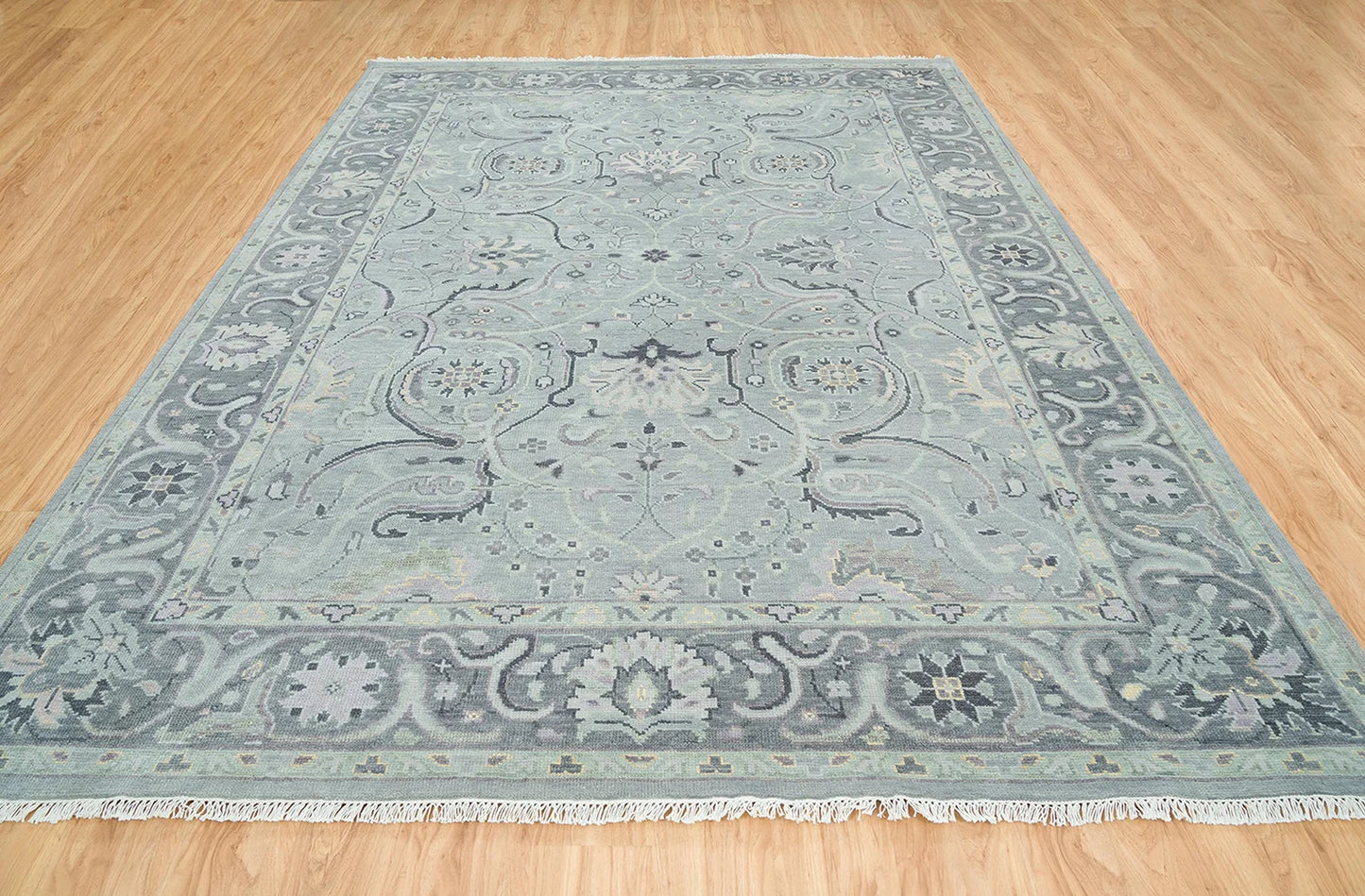 Silver Gray Oushak Rug – Lilac & Muted Green Accent Wool Area Rug | Handknotted Turkish Rug ‘Arctic Frost’ for Living Room