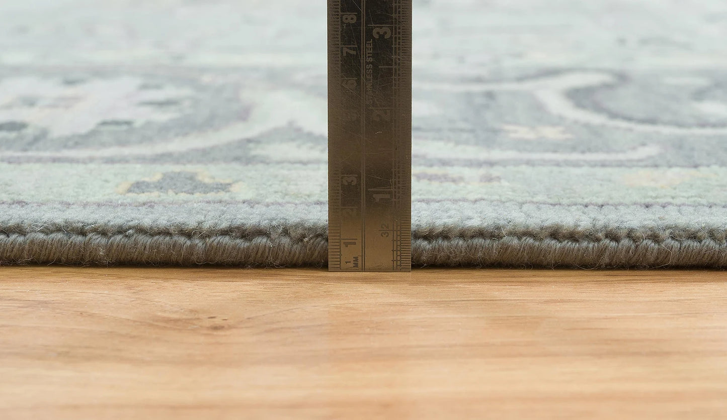 Silver Gray Oushak Rug – Lilac & Muted Green Accent Wool Area Rug | Handknotted Turkish Rug ‘Arctic Frost’ for Living Room