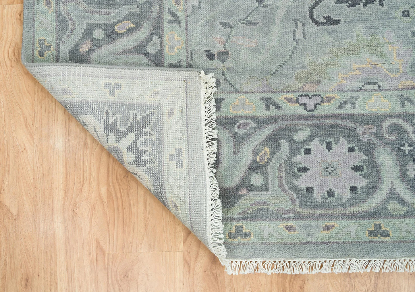 Silver Gray Oushak Rug – Lilac & Muted Green Accent Wool Area Rug | Handknotted Turkish Rug ‘Arctic Frost’ for Living Room