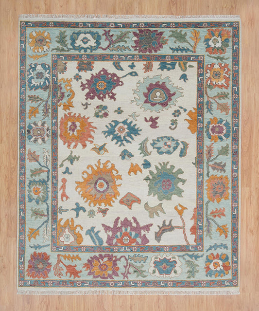 Modern Ivory Oushak Rug – Mint Green Border Wool Rug | Abstract Turkish Area Rug 8x10 / 9x12 for Living Room or Bedroom