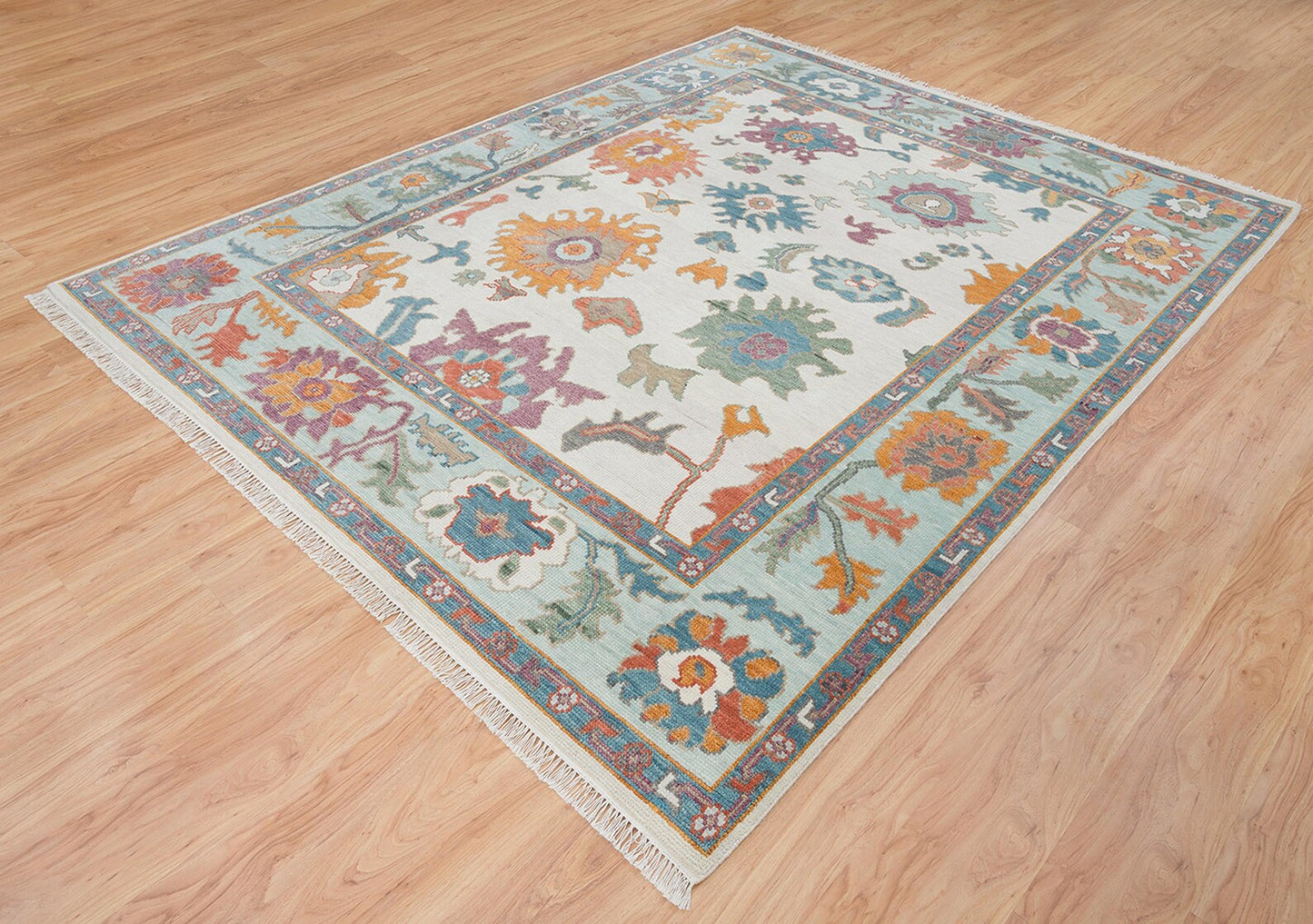 Modern Ivory Oushak Rug – Mint Green Border Wool Rug | Abstract Turkish Area Rug 8x10 / 9x12 for Living Room or Bedroom