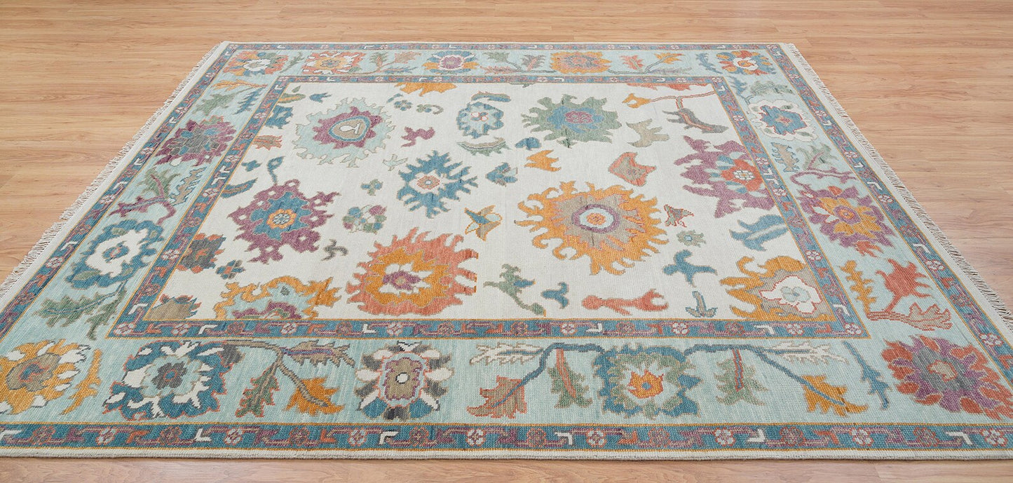 Modern Ivory Oushak Rug – Mint Green Border Wool Rug | Abstract Turkish Area Rug 8x10 / 9x12 for Living Room or Bedroom