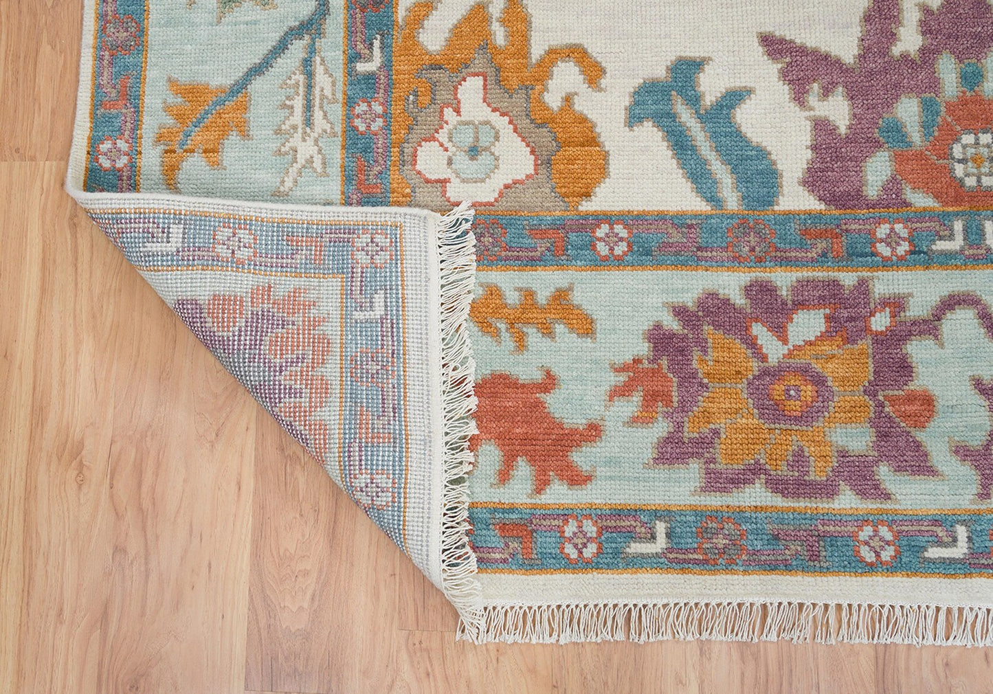Modern Ivory Oushak Rug – Mint Green Border Wool Rug | Abstract Turkish Area Rug 8x10 / 9x12 for Living Room or Bedroom