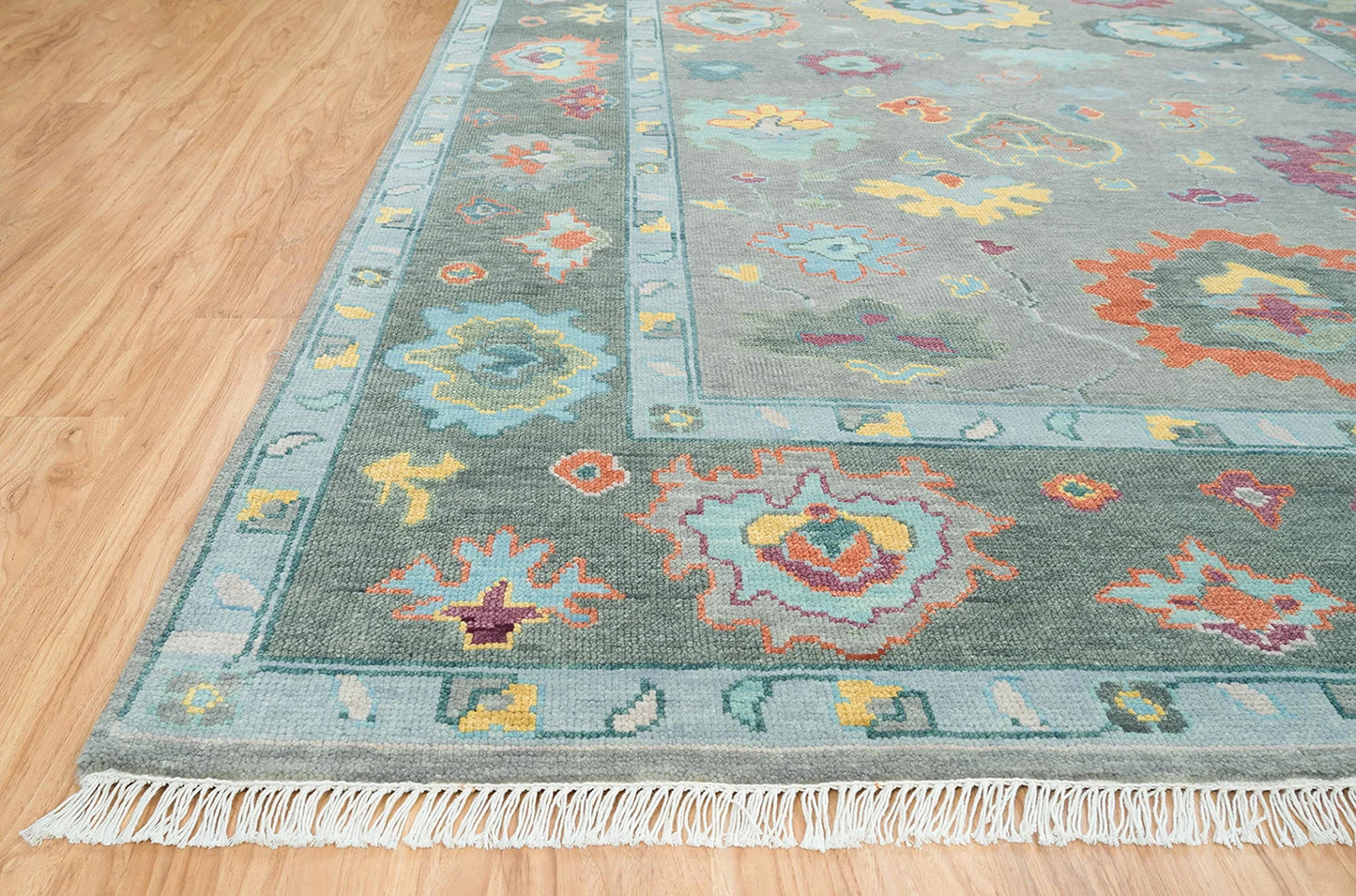 Modern Oushak Rug – Gray Green Wool | Colorful Abstract Turkish Area Rug