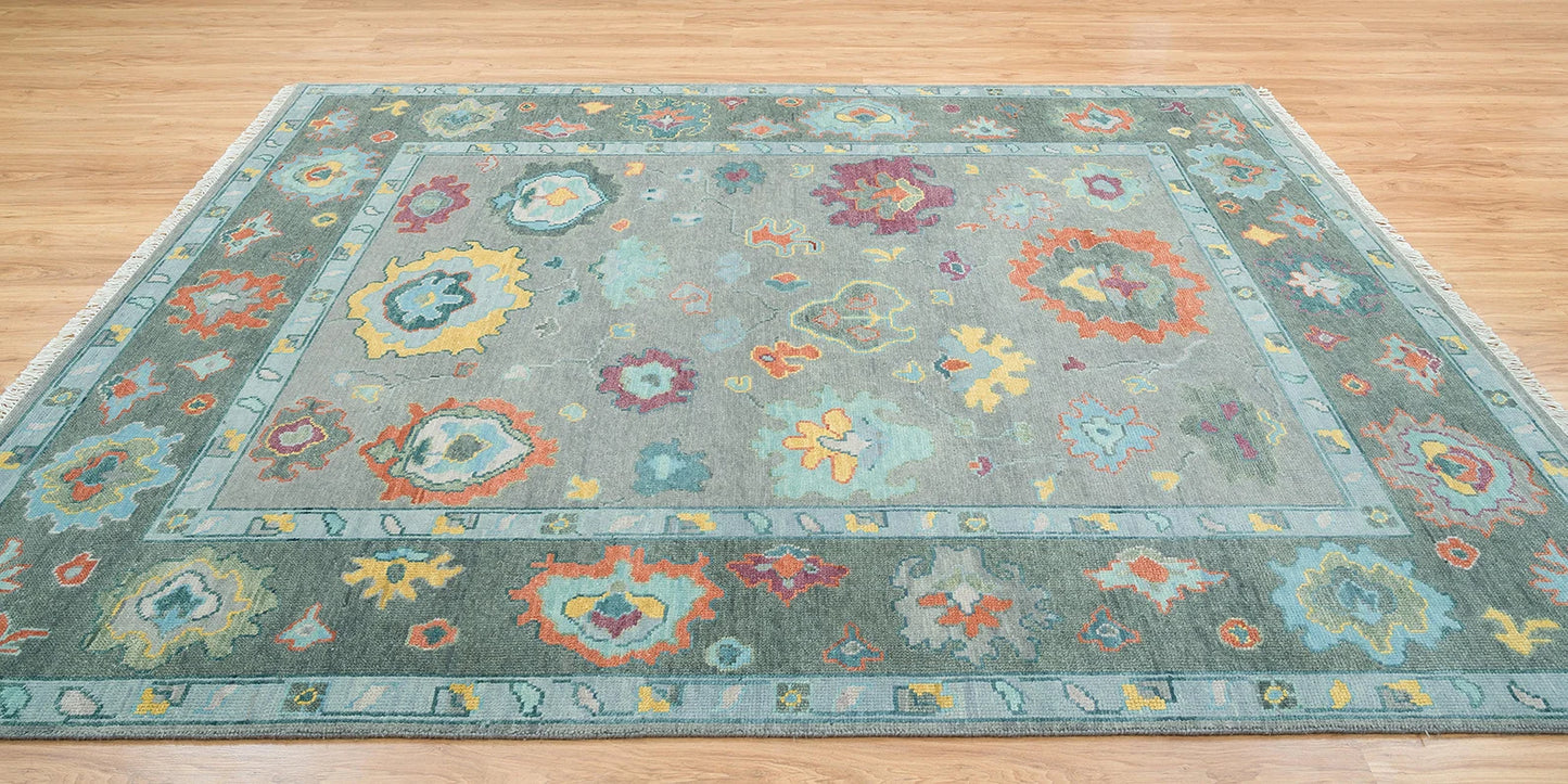 Modern Oushak Rug – Gray Green Wool | Colorful Abstract Turkish Area Rug