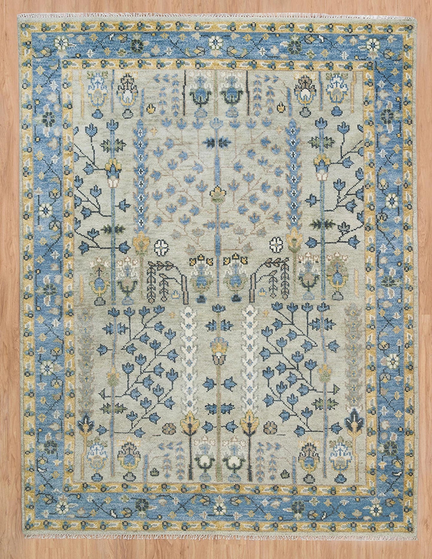 Handmade Persian Rug – Yellow Blue Floral Wool Area Rug 8x10 | Cream, Gold, Green & Ivory for Living Room