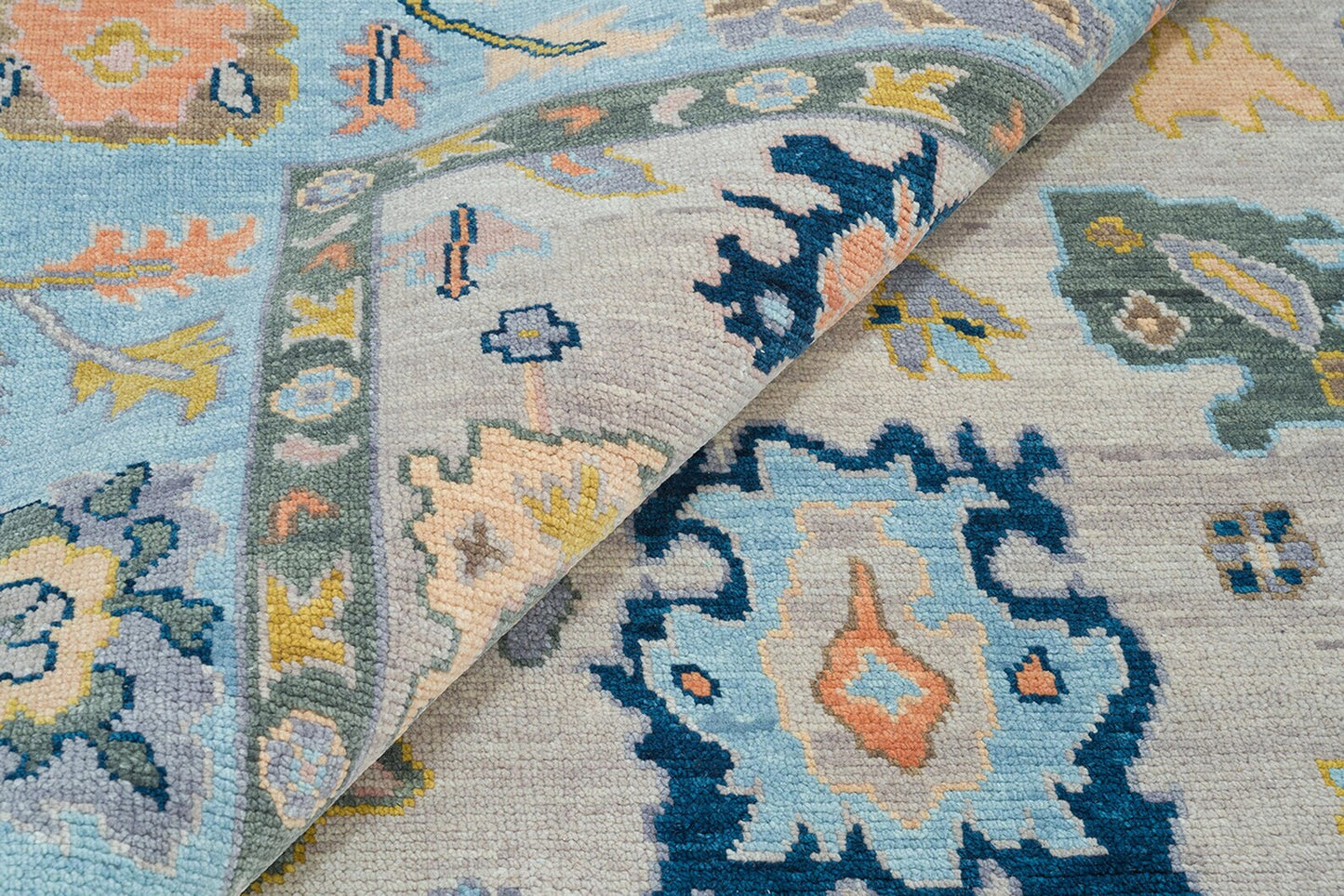 Gray & Blue Oushak Rug – Handmade Wool Area Rug with Gold, Pink & Navy Accents | Colorful Turkish Rug for Modern Living Room