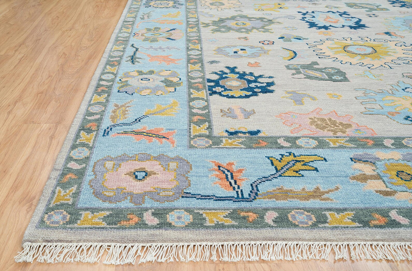 Gray & Blue Oushak Rug – Handmade Wool Area Rug with Gold, Pink & Navy Accents | Colorful Turkish Rug for Modern Living Room