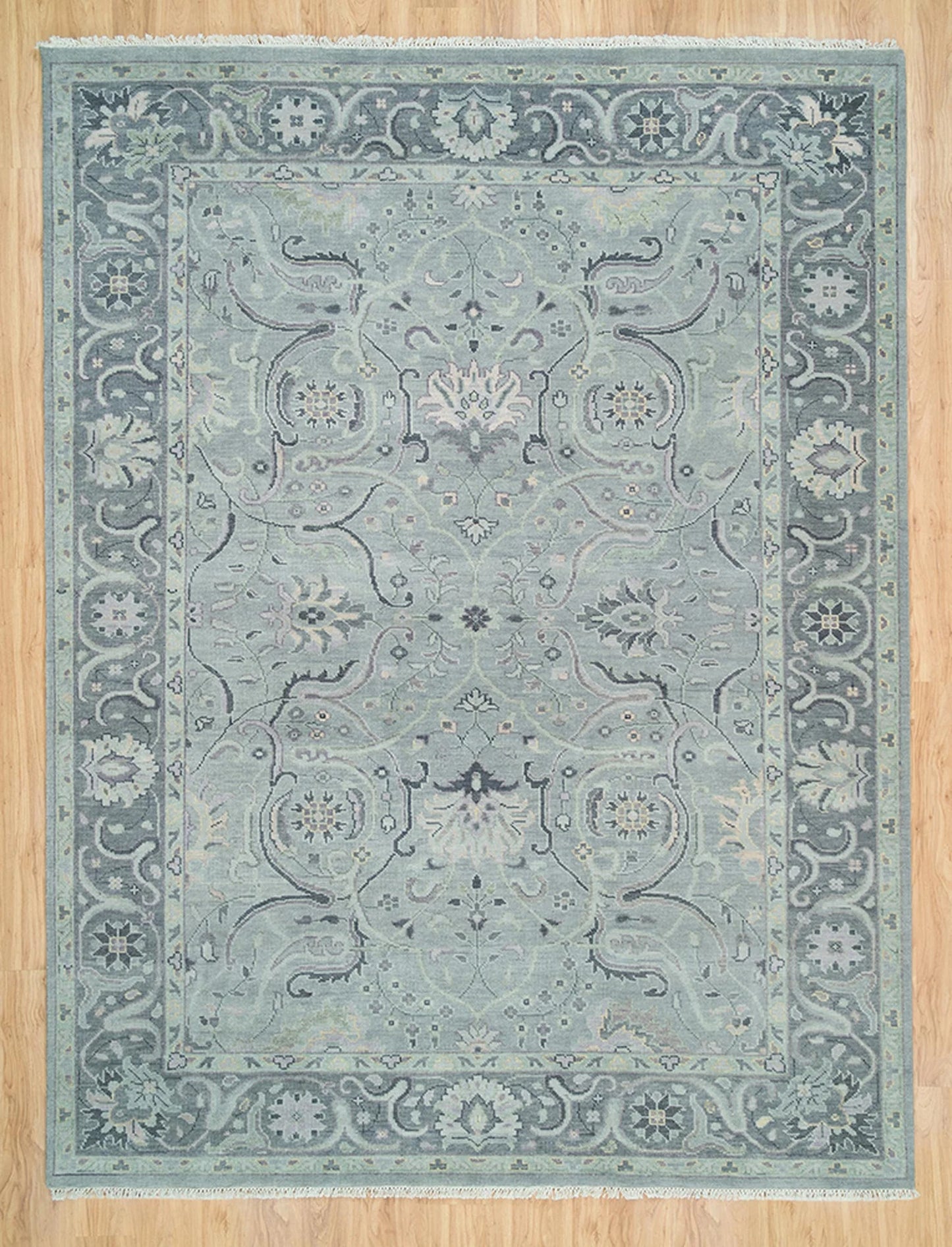 Silver Gray Oushak Rug – Lilac & Muted Green Accent Wool Area Rug | Handknotted Turkish Rug ‘Arctic Frost’ for Living Room