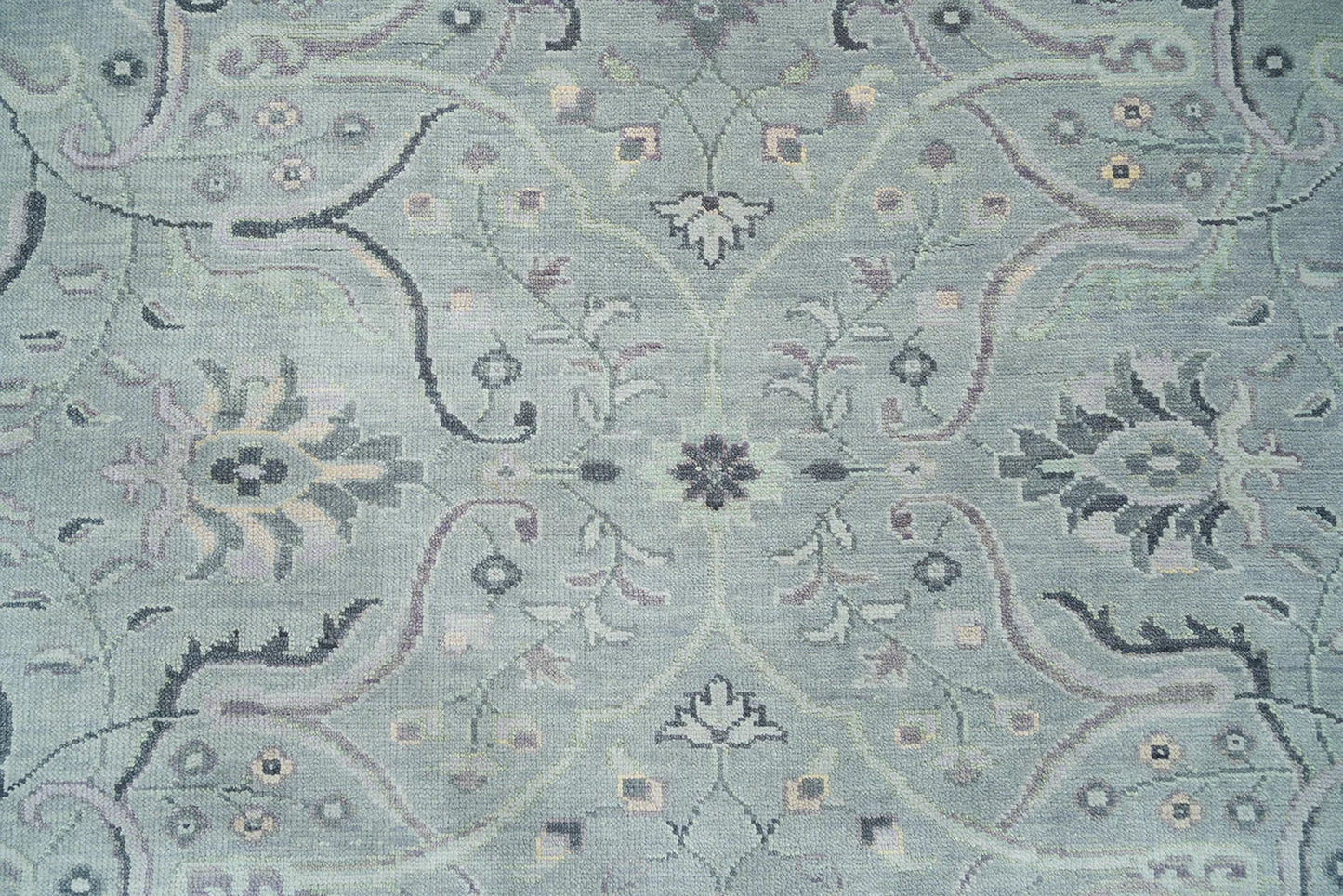 Silver Gray Oushak Rug – Lilac & Muted Green Accent Wool Area Rug | Handknotted Turkish Rug ‘Arctic Frost’ for Living Room