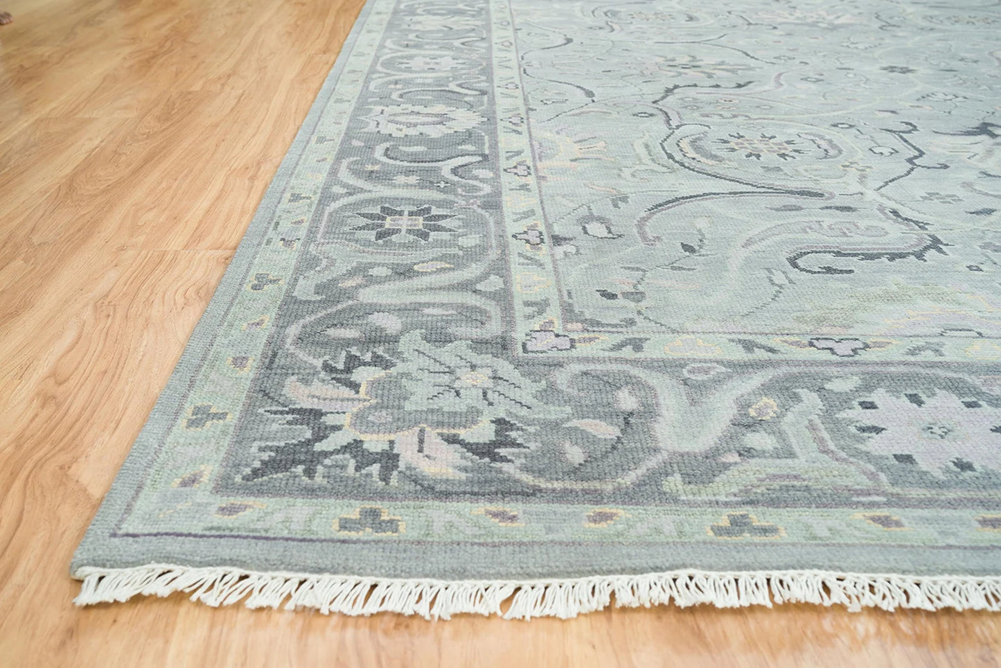 Silver Gray Oushak Rug – Lilac & Muted Green Accent Wool Area Rug | Handknotted Turkish Rug ‘Arctic Frost’ for Living Room