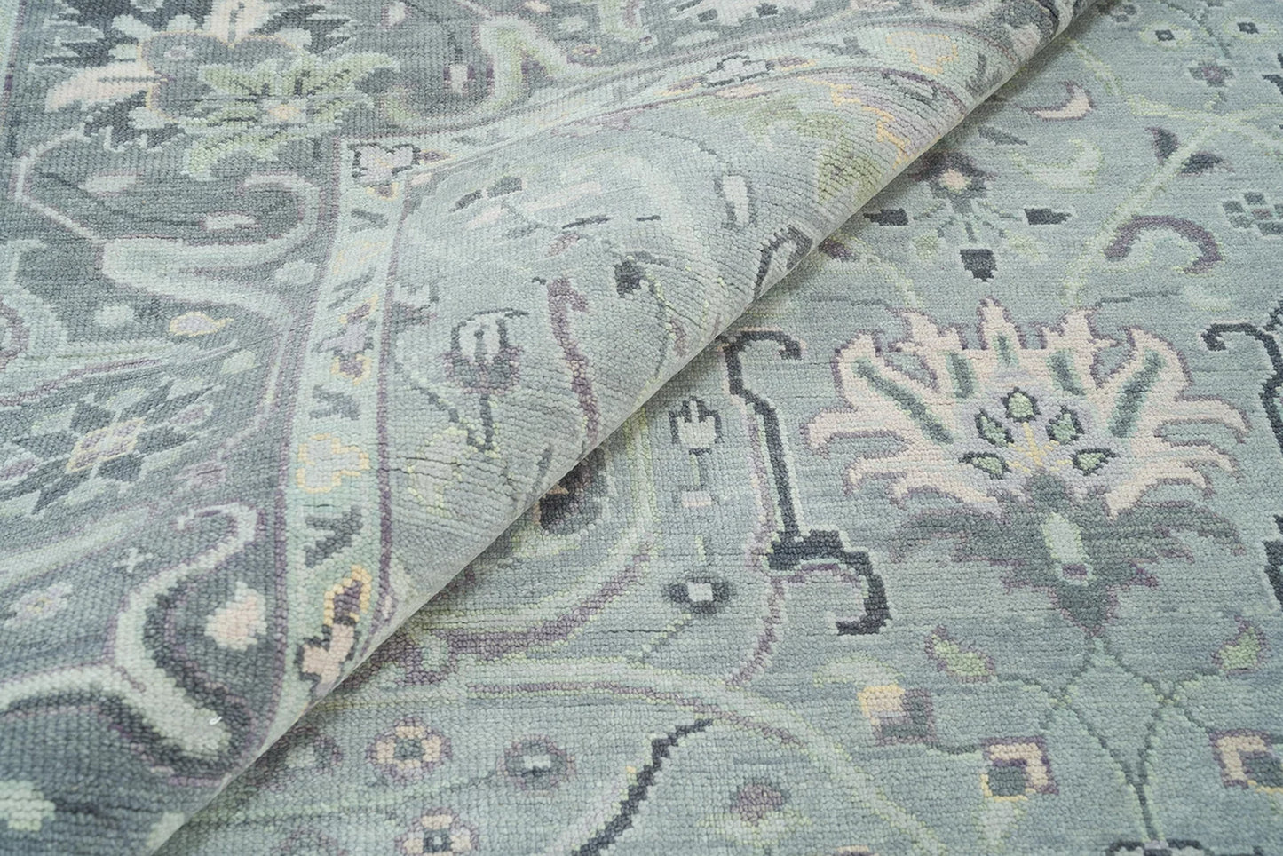 Silver Gray Oushak Rug – Lilac & Muted Green Accent Wool Area Rug | Handknotted Turkish Rug ‘Arctic Frost’ for Living Room