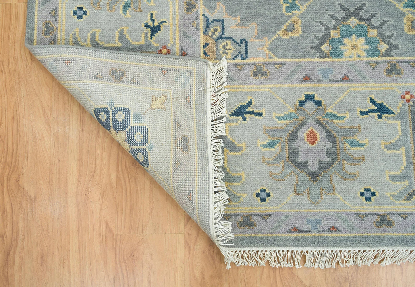 Gray Oushak Rug – Colorful Floral Wool Area Rug | Navy, Red & Cream | Large Handmade Turkish Rug for Bedroom or Living Room Carpitzi