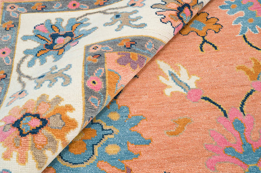 Contemporary Oushak Rug – Light Orange Wool Area Rug with Pink & Blue | Ivory Border Turkish Rug 8x10 / 9x12 for Modern Living Room Carpitzi