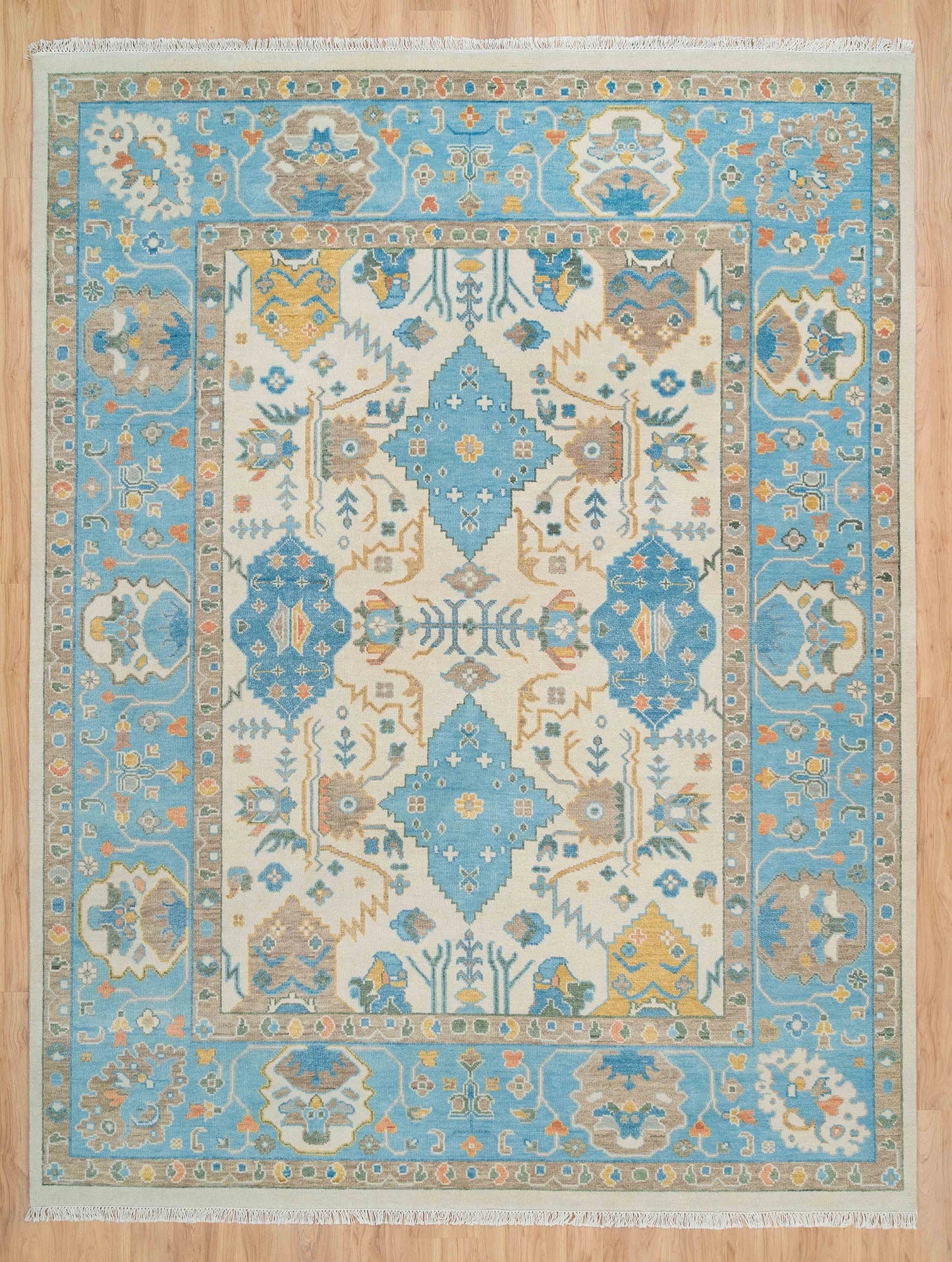 Modern Oushak Rug – 8x10 & 9x12 | Mustard Gold, Ivory, Beige & Light Blue | Handmade Turkish Wool Area Rug for Living Room
