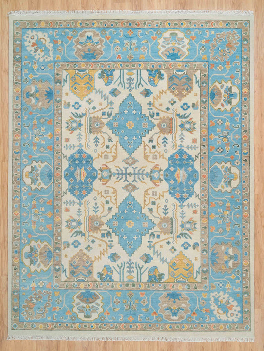 Modern Oushak Rug – 8x10 & 9x12 | Mustard Gold, Ivory, Beige & Light Blue | Handmade Turkish Wool Area Rug for Living Room