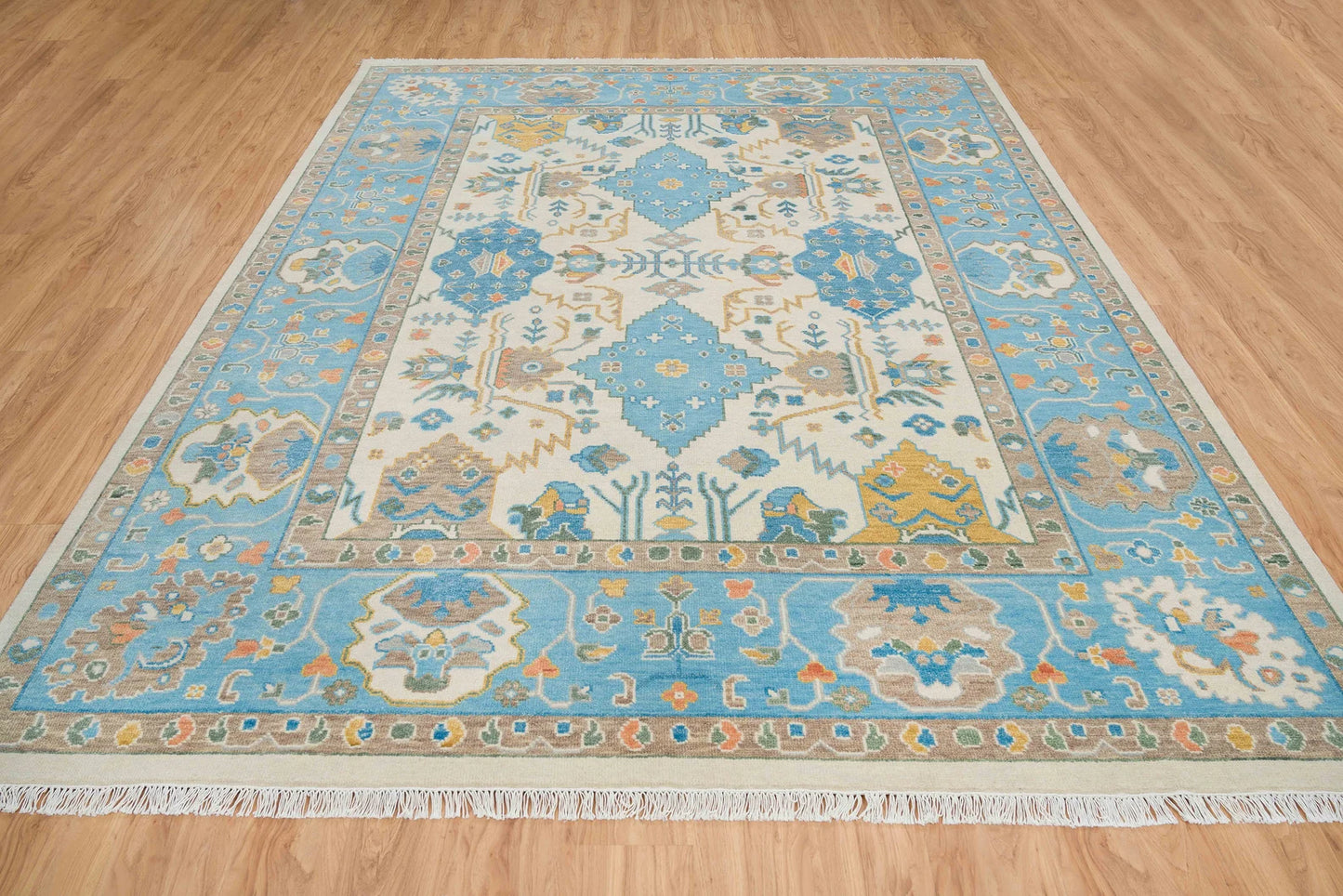 Modern Oushak Rug – 8x10 & 9x12 | Mustard Gold, Ivory, Beige & Light Blue | Handmade Turkish Wool Area Rug for Living Room