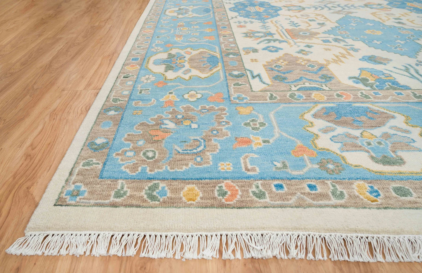 Modern Oushak Rug – 8x10 & 9x12 | Mustard Gold, Ivory, Beige & Light Blue | Handmade Turkish Wool Area Rug for Living Room