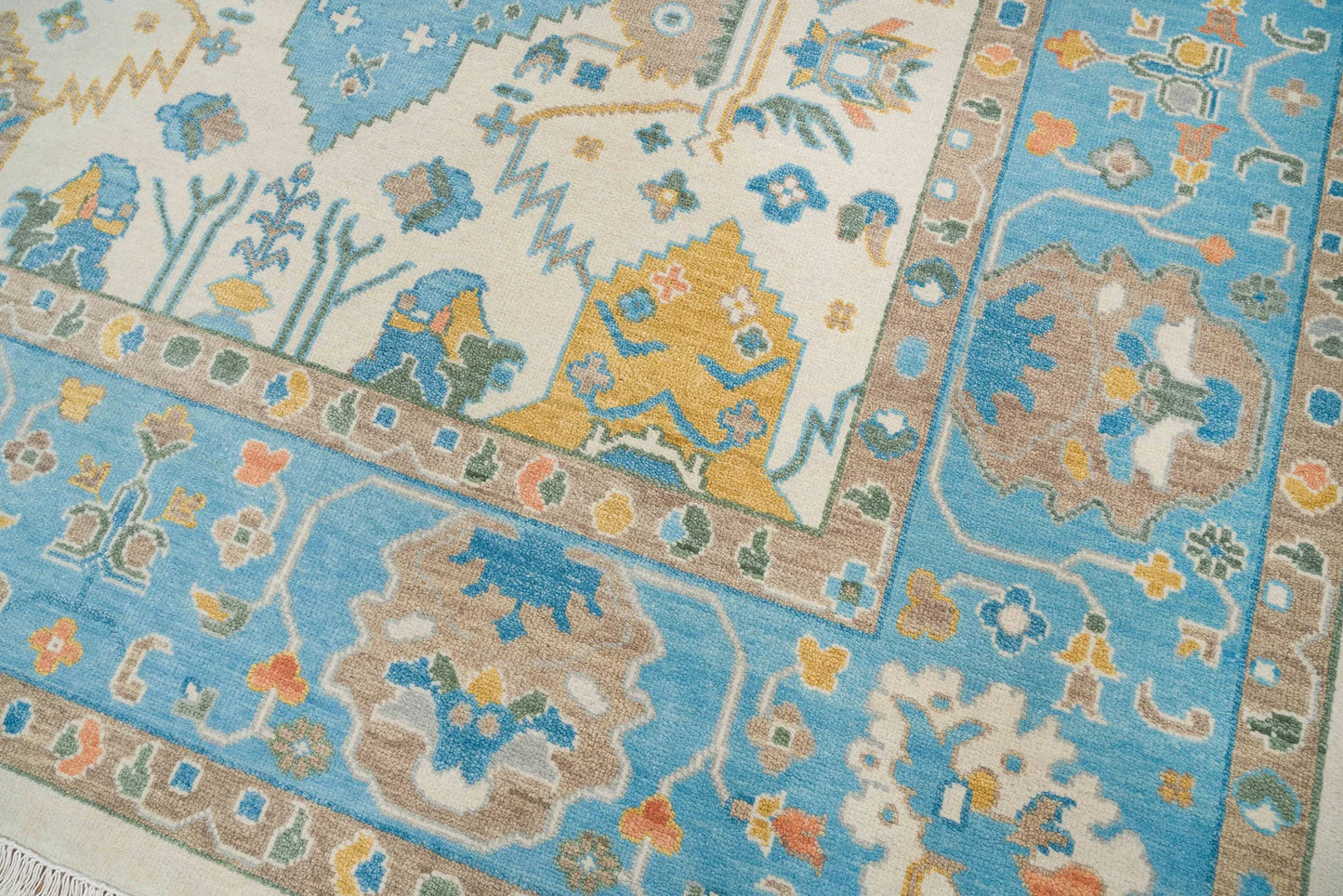 Modern Oushak Rug – 8x10 & 9x12 | Mustard Gold, Ivory, Beige & Light Blue | Handmade Turkish Wool Area Rug for Living Room