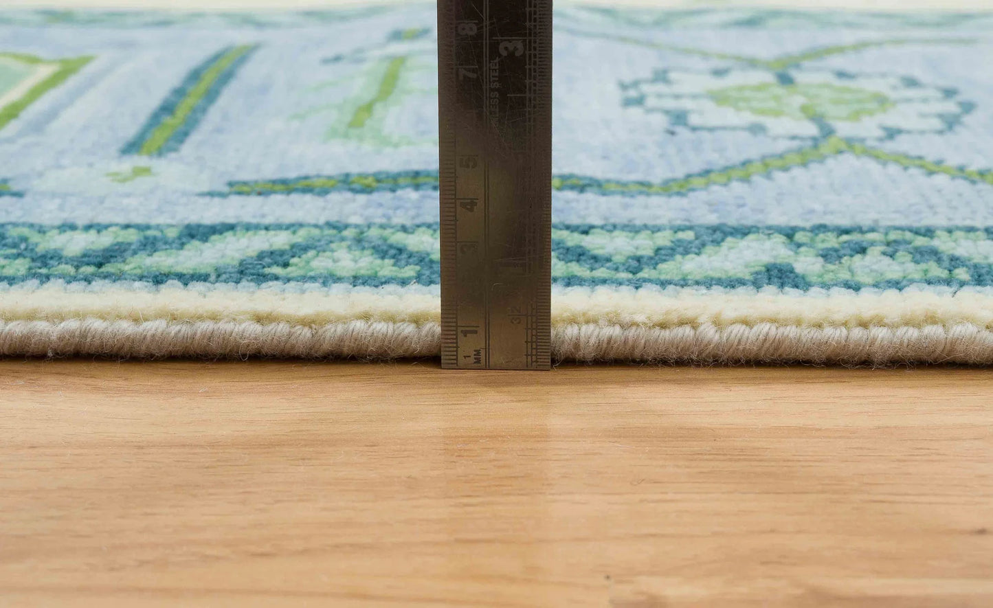 Oushak Rug – Cream, Blue & Green with Pink Accents | Modern Abstract Turkish Wool Rug | Handknotted Bedroom Area Carpet