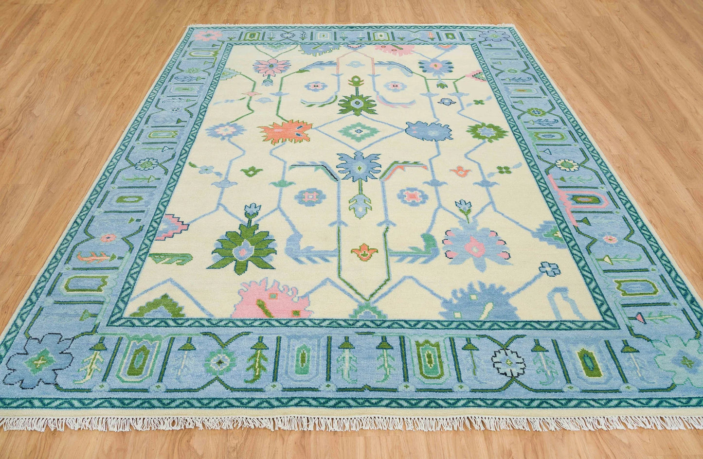 Oushak Rug – Cream, Blue & Green with Pink Accents | Modern Abstract Turkish Wool Rug | Handknotted Bedroom Area Carpet